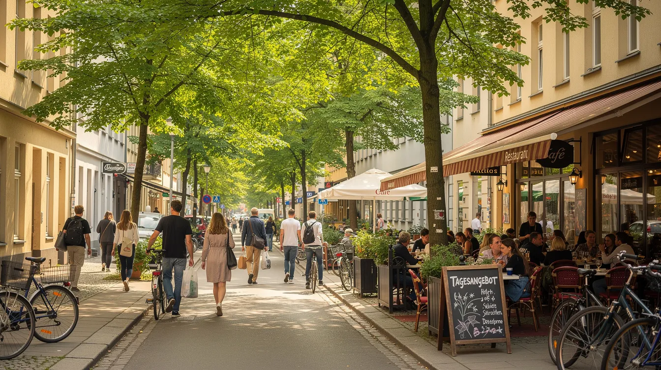 Die belebte Straßenszene im Berliner Stadtteil Prenzlauer Berg zeigt zahlreiche Restaurants mit Außenterrassen, auf denen Passanten unter schattenspendenden Kastanienbäumen speisen und sich entspannen. Das Ambiente ist lebhaft und einladend, während Menschen in der Nähe von Cafés und Biergärten die Vielfalt der kulinarischen Angebote genießen.