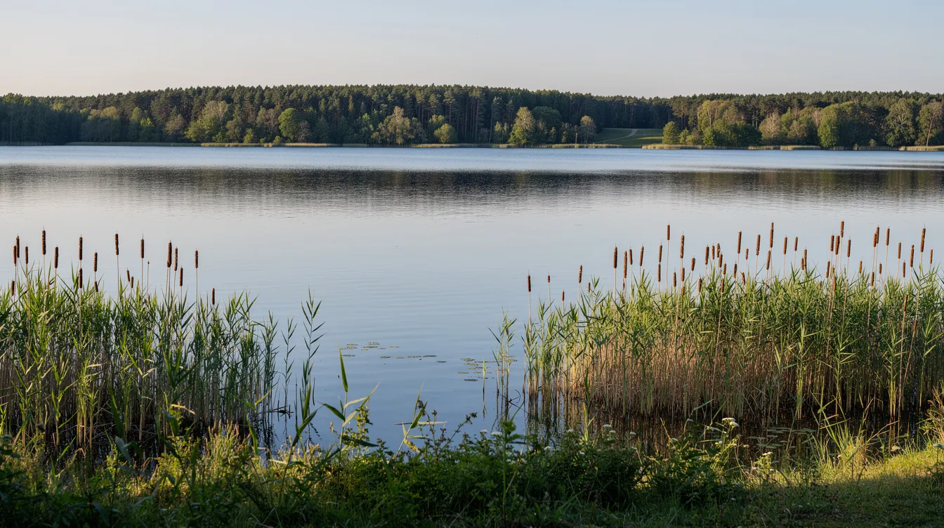 Ein weiter Blick über eine malerische Seenlandschaft in Brandenburg zeigt Schilfufer und Wälder am Horizont unter einem klaren Himmel. Diese naturnahe Umgebung ist ideal für Ausflüge und Erholung, besonders für Familien und Kinder, die die Schönheit der Natur entdecken möchten.