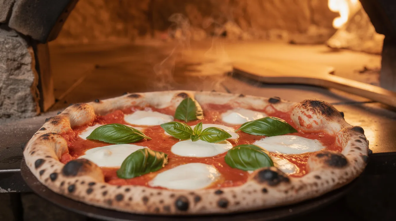 Eine frisch aus dem Steinofen gebackene neapolitanische Pizza mit aromatischem Basilikum und zartem Mozzarella, die perfekt für ein Dinner in einem der beliebten Restaurants in Friedrichshain geeignet ist. Die Pizza ist ein Klassiker der italienischen Küche und bietet ein köstliches Geschmackserlebnis.