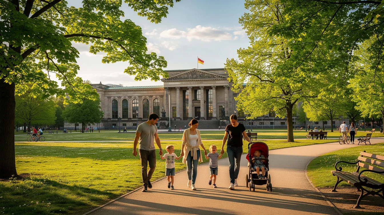 Eine Familie spaziert durch einen sonnigen Berliner Park, umgeben von grüner Natur, während im Hintergrund beeindruckende Museumsgebäude sichtbar sind. Der Park lädt Besucher jeden Alters ein, die kulturellen Angebote der Stadt zu genießen, darunter auch Ausstellungen und Sammlungen in den nahegelegenen Museen.
