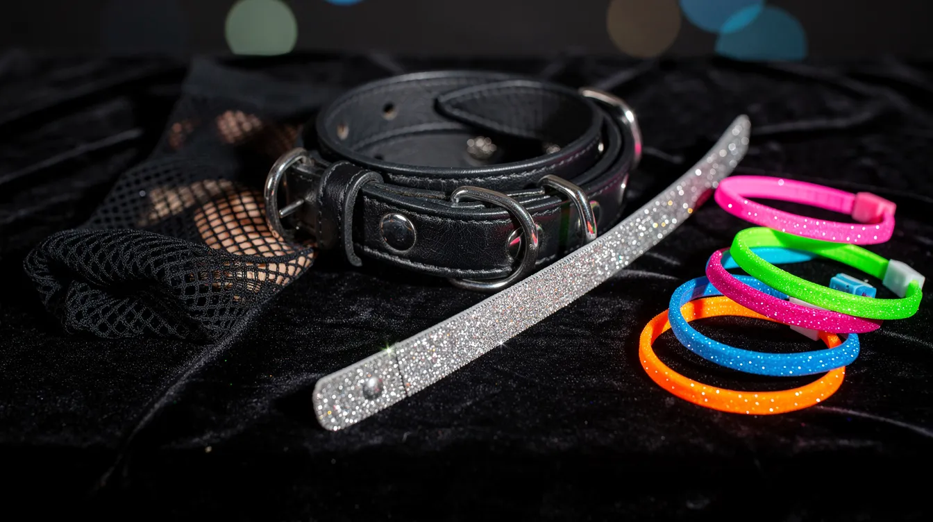Die Nahaufnahme zeigt kreative Accessoires auf dunklem Samt, darunter ein Lederharness, Netzstrümpfe, ein glitzernder Haarreif und UV-leuchtende Armbänder, die eine Atmosphäre von Freiheit und Kreativität im Nachtleben Berlins vermitteln. Diese stilvollen Elemente sind perfekt für Partys im Kitkat Club und spiegeln den einzigartigen Fetisch-Stil der Clubszene wider.