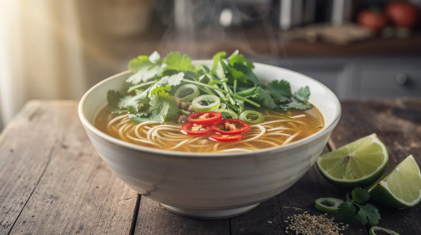 Eine dampfende Schüssel mit asiatischer Nudelsuppe, garniert mit frischen Kräutern und scharfen Chili, die in einem gemütlichen Restaurant in Charlottenburg serviert wird. Die Suppe bietet eine köstliche Auswahl an Zutaten und spiegelt die kreative Küche Berlins wider.