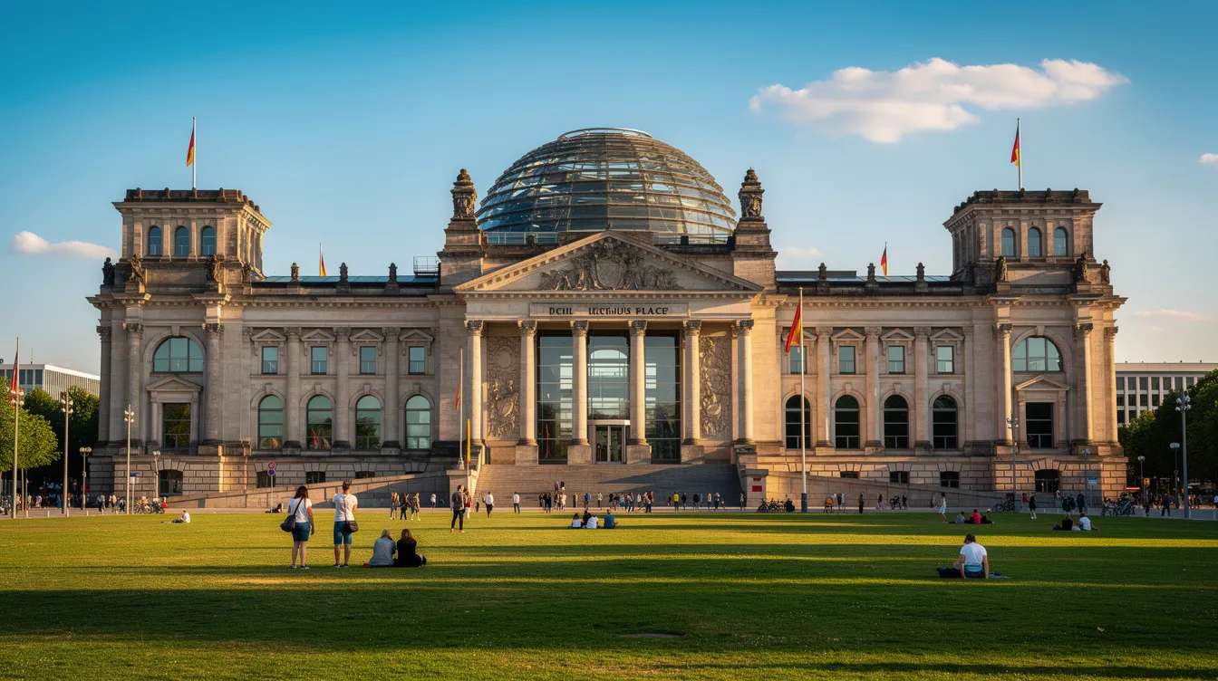 Das Bild zeigt das Reichstagsgebäude mit seiner markanten Glaskuppel an einem sonnigen Tag, umgeben von einer grünen Wiese, auf der Spaziergänger unterwegs sind. Im Hintergrund ist die beeindruckende Architektur des Regierungsviertels zu sehen, das Teil der Hauptstadt Berlin ist.