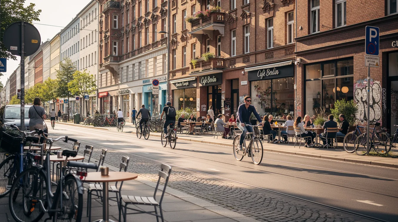 Eine belebte Straße in Berlin zeigt Cafés mit Außenplätzen und zahlreiche Fahrräder, umgeben von charakteristischen Backsteingebäuden. Die urbane Atmosphäre lädt zum Arbeiten in einem Coworking Space ein, während Menschen in der Nähe Kaffee genießen und sich austauschen.