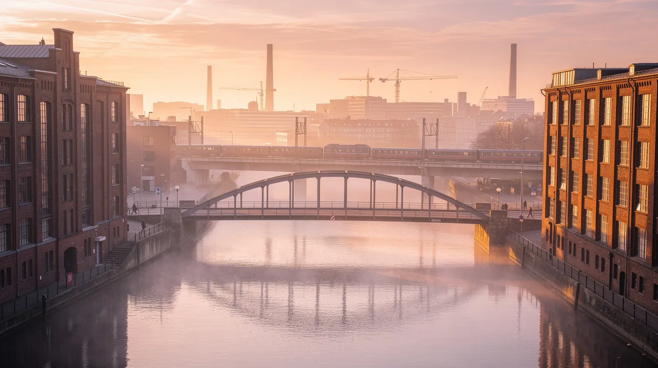 Die Berliner Stadtlandschaft zeigt einen malerischen Sonnenaufgang über Industriebauten, Wasserkanälen und Brücken, die im warmen Morgenlicht erstrahlen. Im Hintergrund sind die charakteristischen Silhouetten von Gebäuden wie dem Berghain und der Panorama Bar zu erkennen, die Teil der lebendigen Clubkultur Berlins sind.