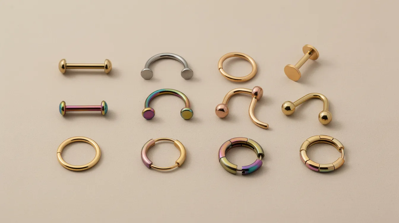 Auf der neutralen Oberfläche sind verschiedene Piercing-Schmuckstücke aus Titan und Gold kunstvoll arrangiert. Die Auswahl umfasst Ringe und Dermal Anchors, die die Qualität und Trends der Körperkunst widerspiegeln, ideal für dein nächstes Piercing im Studio in Berlin.