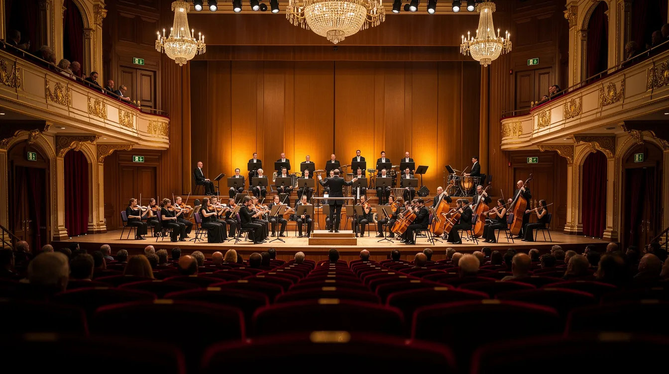 Die Innenansicht eines klassischen Konzertsaals zeigt ein Orchester auf der Bühne, umgeben von warmem Licht, das eine einladende Atmosphäre schafft. Der Saal ist elegant gestaltet und verspricht unvergessliche Konzerte in Berlin.