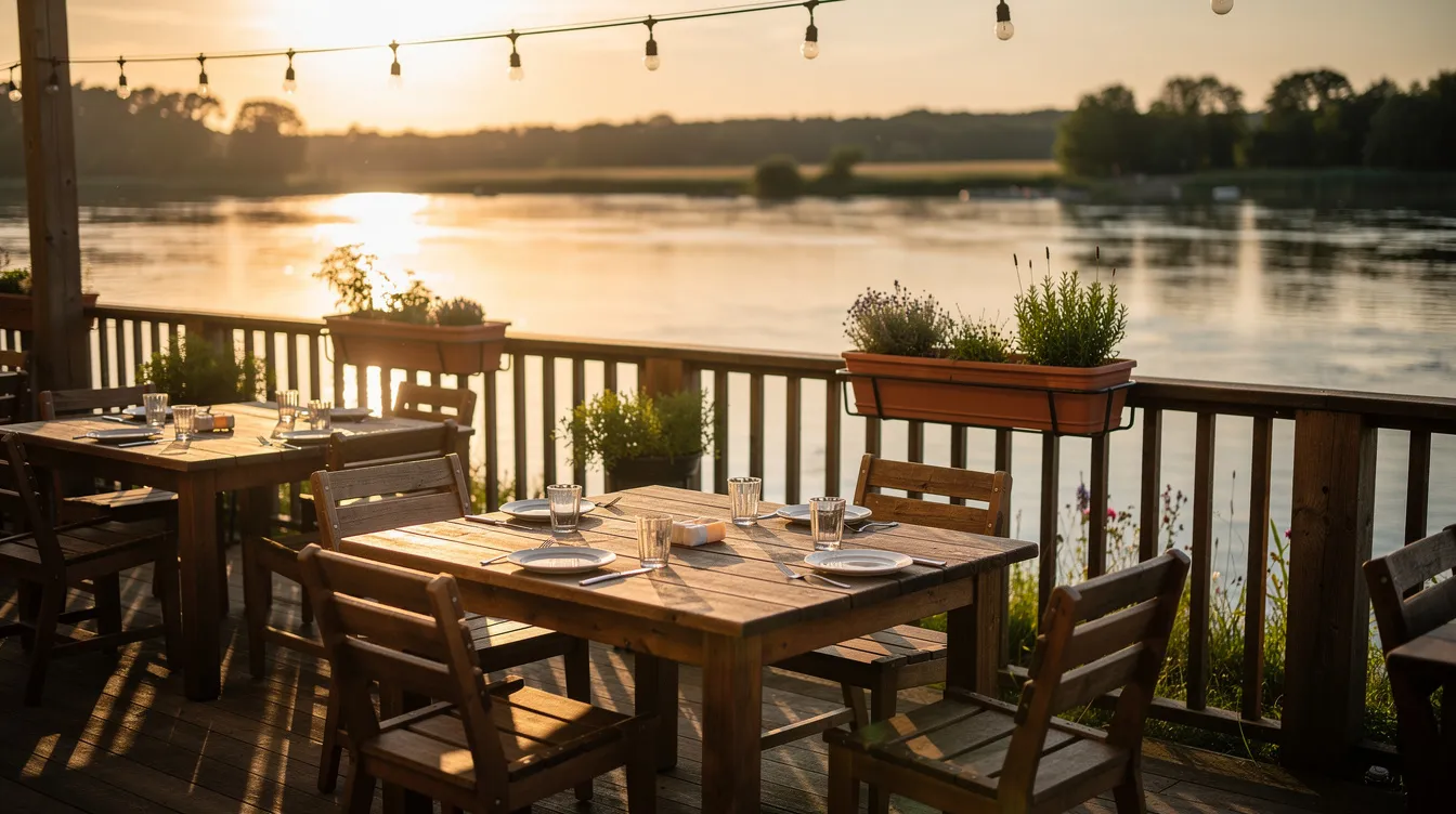 Die rustikale Restaurantterrasse am Wasser bietet Holzmöbel, die im warmen Abendlicht strahlen. Der Blick auf den Landwehrkanal schafft eine einladende Atmosphäre für ein entspanntes Dinner oder Brunch in einem der charmanten Restaurants in Kreuzberg.
