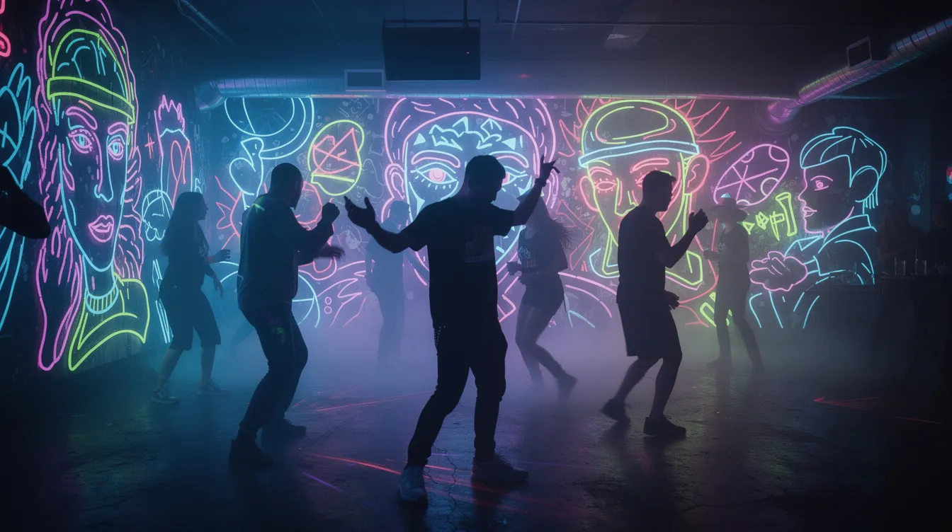 Der dunkle Clubraum im KitKat Club ist mit UV-Licht beleuchtet, wodurch tanzende Silhouetten und neonleuchtende Wandmalereien eine lebendige Atmosphäre schaffen. Die Gäste genießen das Nachtleben in Berlin, während sie zu pulsierender Musik und technoiden Klängen tanzen.