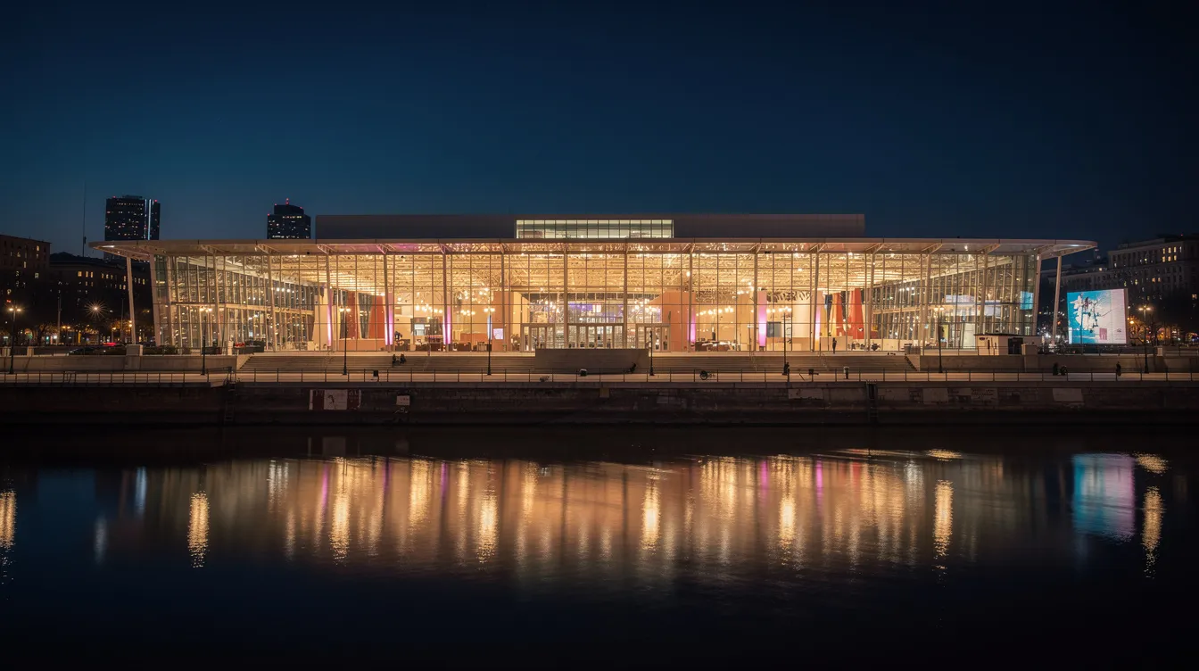 Die moderne Veranstaltungshalle, bekannt als Mercedes Benz Arena, erstrahlt bei Nacht mit ihrer beleuchteten Glasfassade am Ufer der Spree. Lichtreflexionen tanzen auf der Wasseroberfläche und schaffen eine beeindruckende Atmosphäre für Events und Konzerte in Berlin.