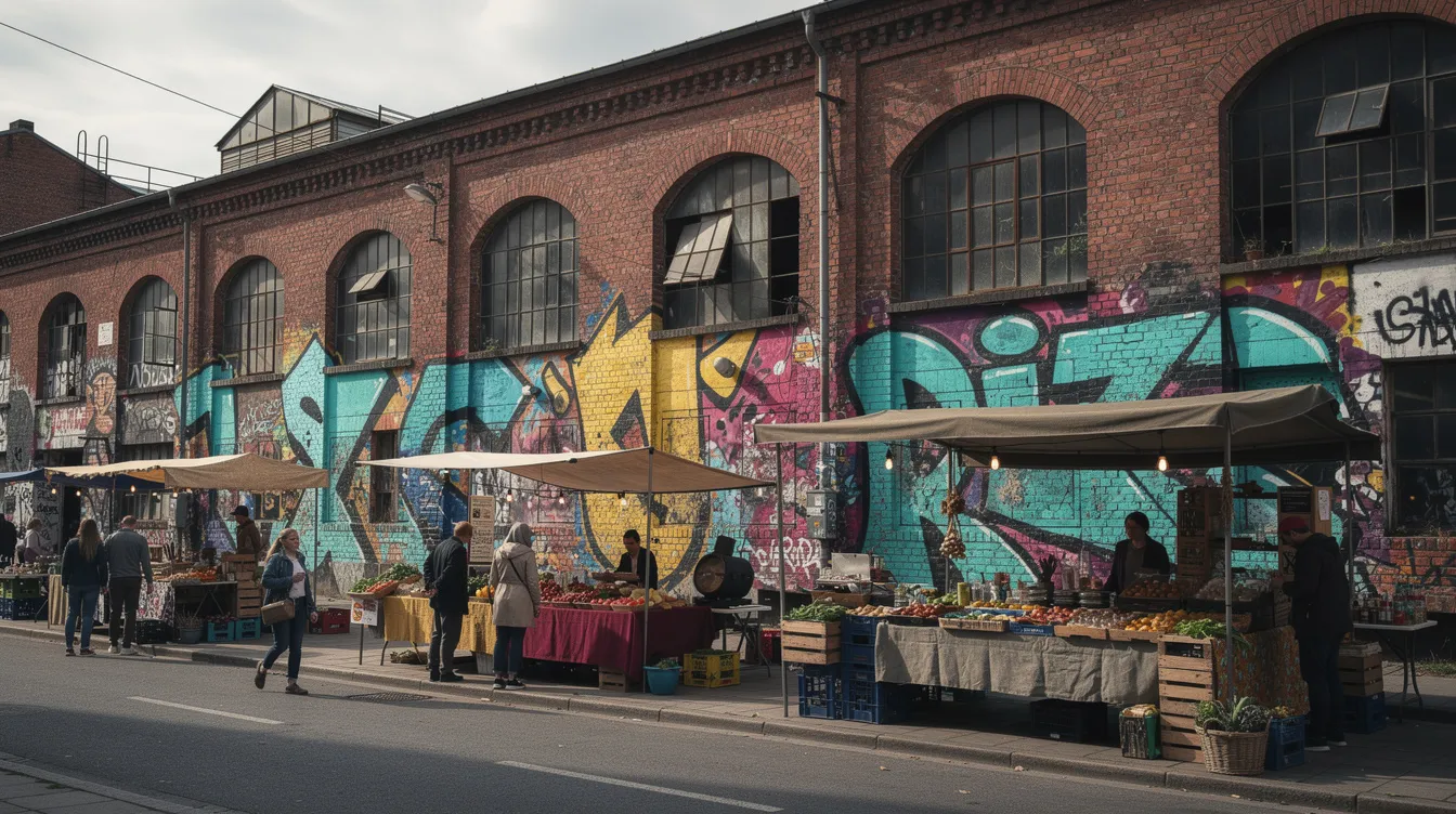 Das Bild zeigt ein industrielles Backsteingebäude, das mit bunter Street Art verziert ist, während vor dem Gebäude zahlreiche Marktstände aufgestellt sind. Hier können Besucher auf dem Flohmarkt in Berlin stöbern und nach Vintage-Schätzen und Antiquitäten suchen.