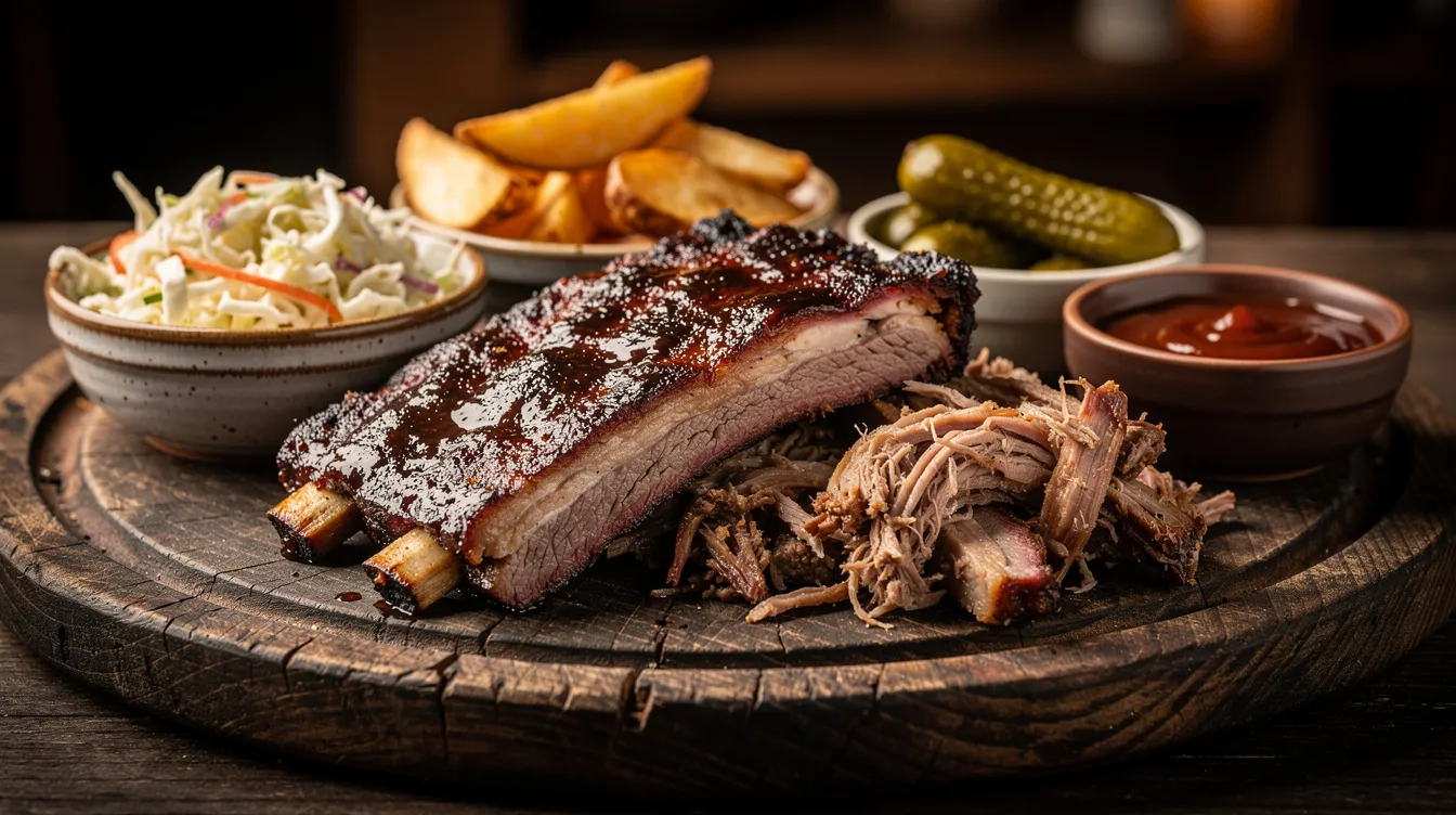 Auf einem rustikalen Holzbrett liegen rauchige Spare Ribs und zartes Pulled Pork, umgeben von kleinen Schüsseln mit verschiedenen Beilagen. Diese köstlichen Gerichte laden zu einem genussvollen Dinner in einem Restaurant in Berlin Charlottenburg ein, wo Qualität und Kreativität großgeschrieben werden.