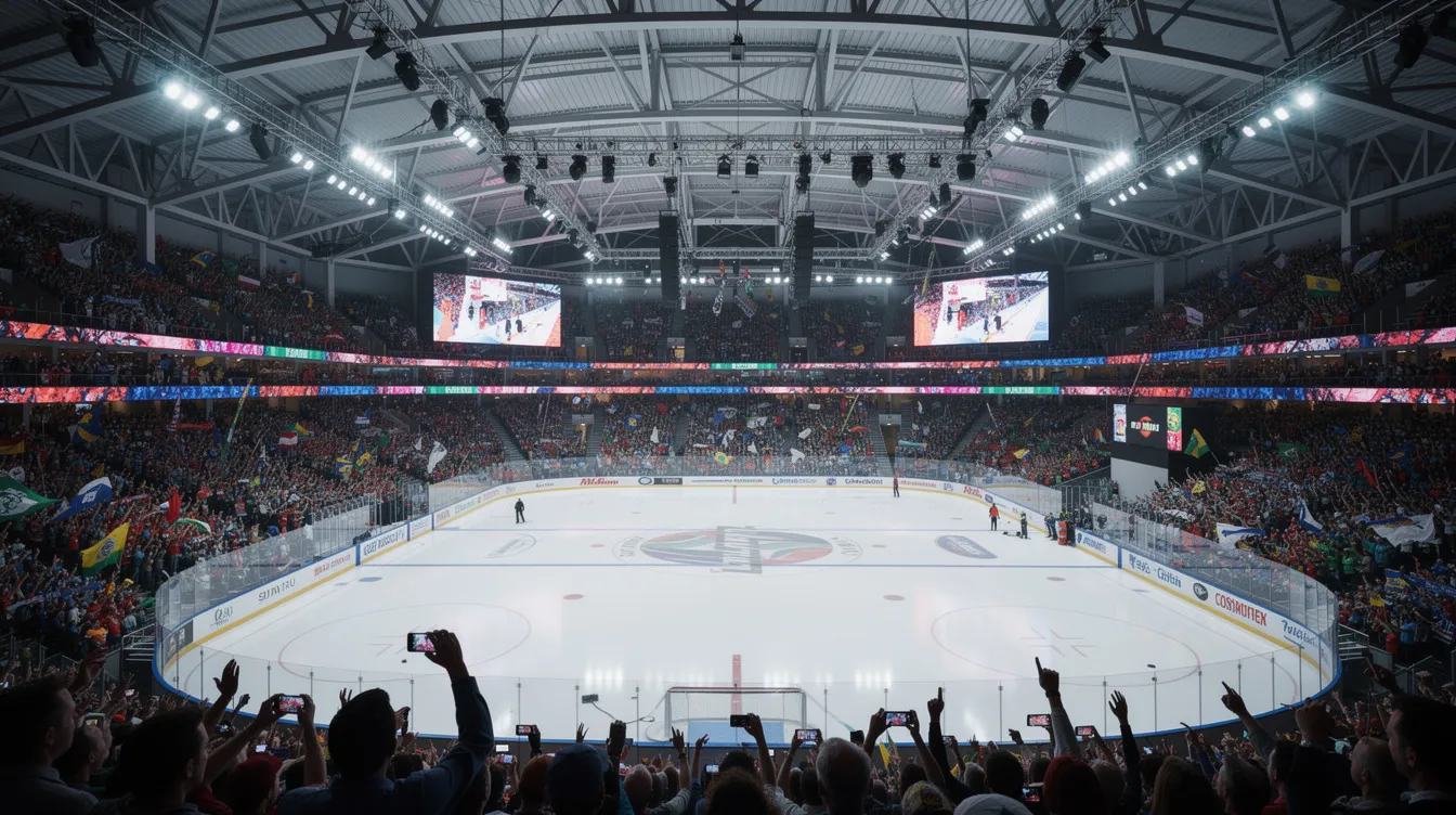 Die Innenansicht der Mercedes Benz Arena in Berlin zeigt eine große Sportveranstaltung mit einer beleuchteten Eisfläche, umgeben von vollbesetzten Tribünen, auf denen begeisterte Zuschauer sitzen. Die Atmosphäre ist lebhaft und energiegeladen, während Fans ihre Lieblingsmannschaften anfeuern.