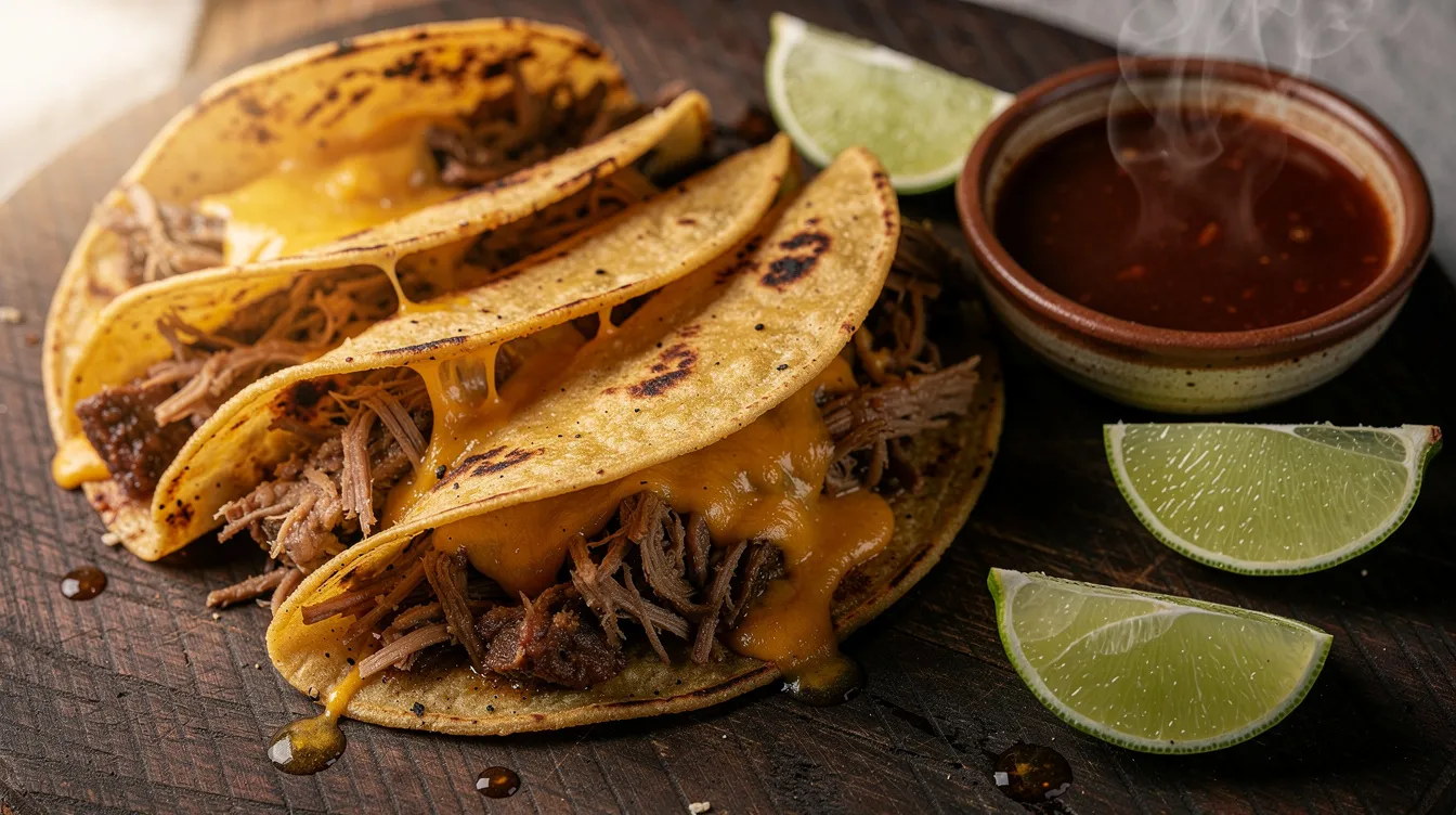 Drei Birria Tacos mit geschmolzenem Käse liegen auf einem Holzbrett, begleitet von einer Schale mit dampfender Dipping-Brühe und frischen Limettenspalten. Diese köstlichen Tacos sind eine verlockende Kreation aus Berlin, ideal für Liebhaber von herzhaftem Geschmack.