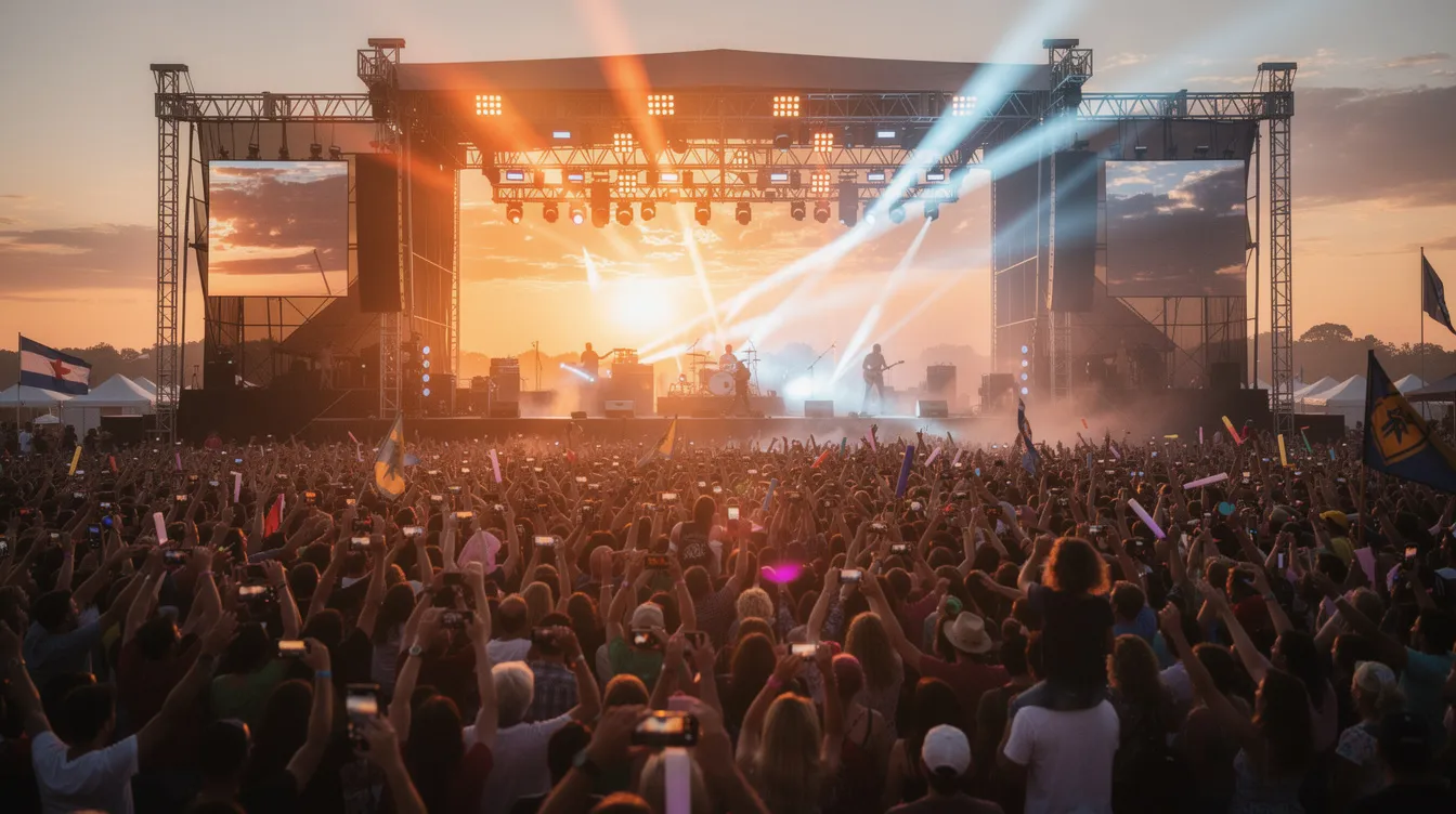 Ein großes Open-Air-Konzert findet bei Sonnenuntergang vor einer Freilichtbühne statt, umgeben von tausenden begeisterten Zuschauern, die die Musik genießen. Die Atmosphäre ist lebhaft und festlich, während die Band auf der Bühne ihre Hits präsentiert und das Publikum mitreißt.