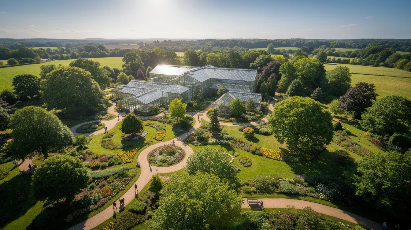Die Luftaufnahme zeigt einen weitläufigen botanischen Garten in Berlin mit verschiedenen Gewächshäusern, üppigen Baumbeständen und verschlungenen Wegen, die an einem sonnigen Tag lebhaft von Besuchern genutzt werden. Die Vielfalt der Pflanzenarten und die ansprechende Gartenanlage machen diesen Ort zu einem beliebten Ausflugsziel für Natur- und Botanikliebhaber.