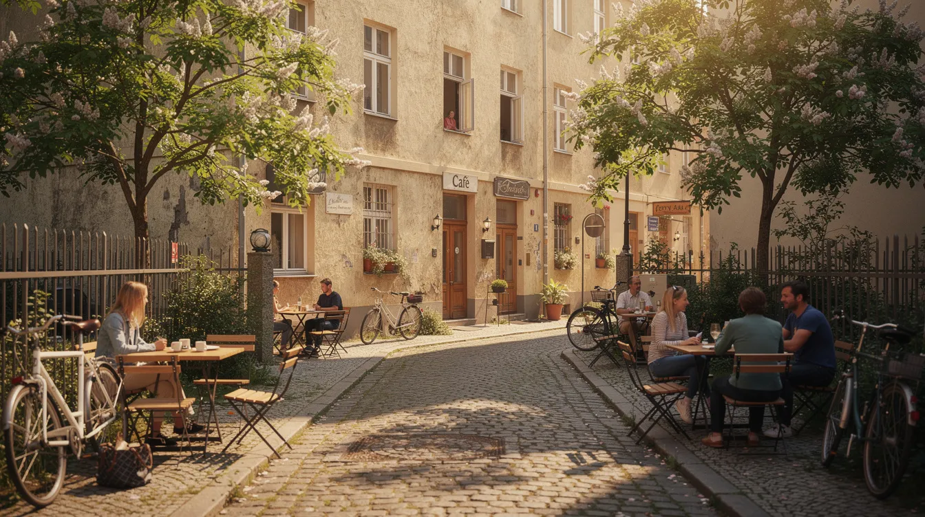 Die charmante Kopfsteinpflasterstraße in Prenzlauer Berg ist gesäumt von kleinen Cafés, in denen Gäste bei einer Tasse Kaffee und köstlichem Kuchen entspannen können. Blühende Bäume verleihen der Straße im Berliner Sommer eine einladende Atmosphäre und laden zum Verweilen ein.