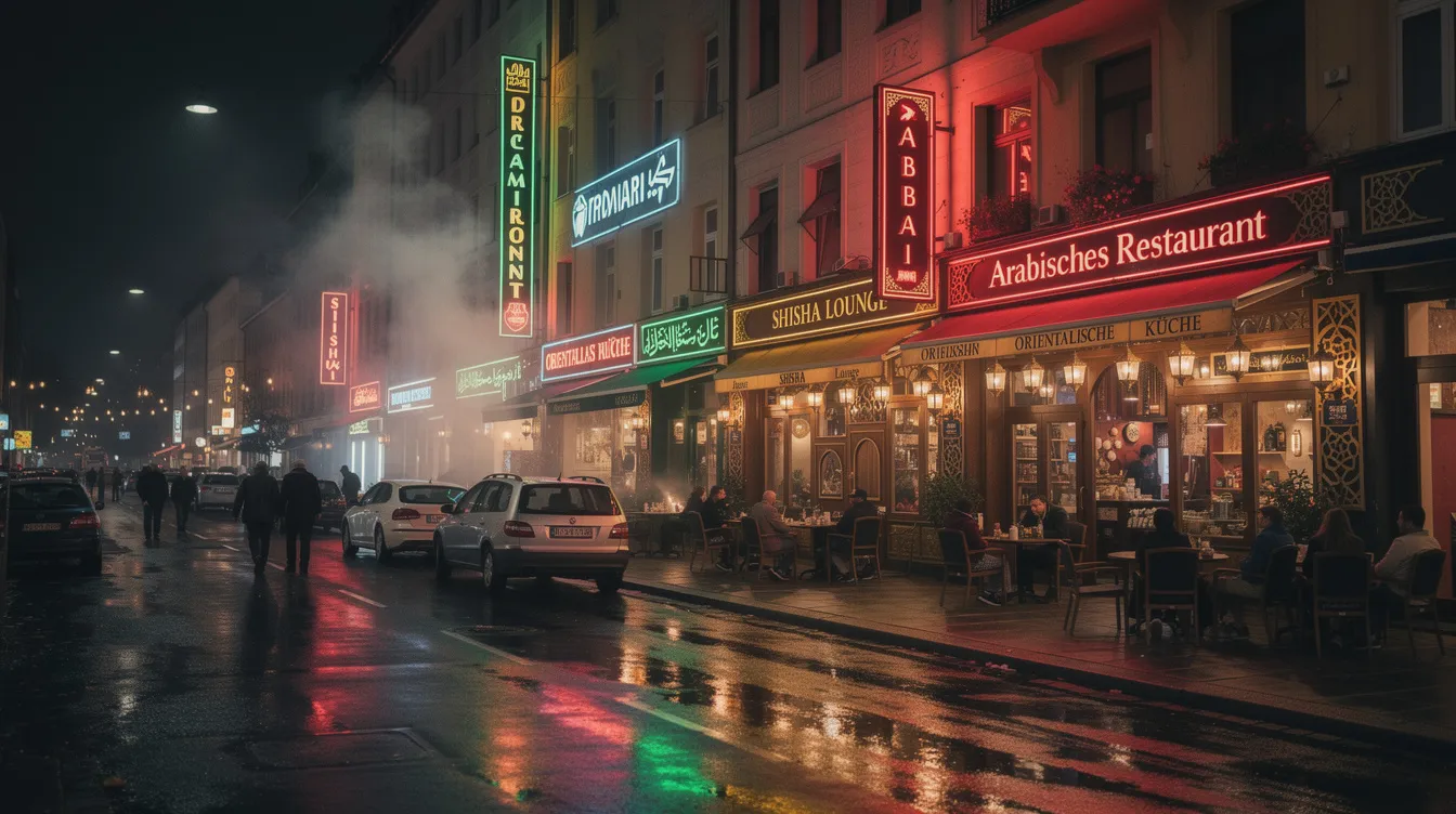 Eine lebhafte Straßenszene in Neukölln bei Nacht, beleuchtet von bunten Leuchtreklamen arabischer Restaurants und Cafés. Menschen genießen das Essen, darunter Hummus und Knödel, während sie in der Atmosphäre der Stadt, umgeben von Pflanzen und gemütlichen Lokalen, das Leben teilen.