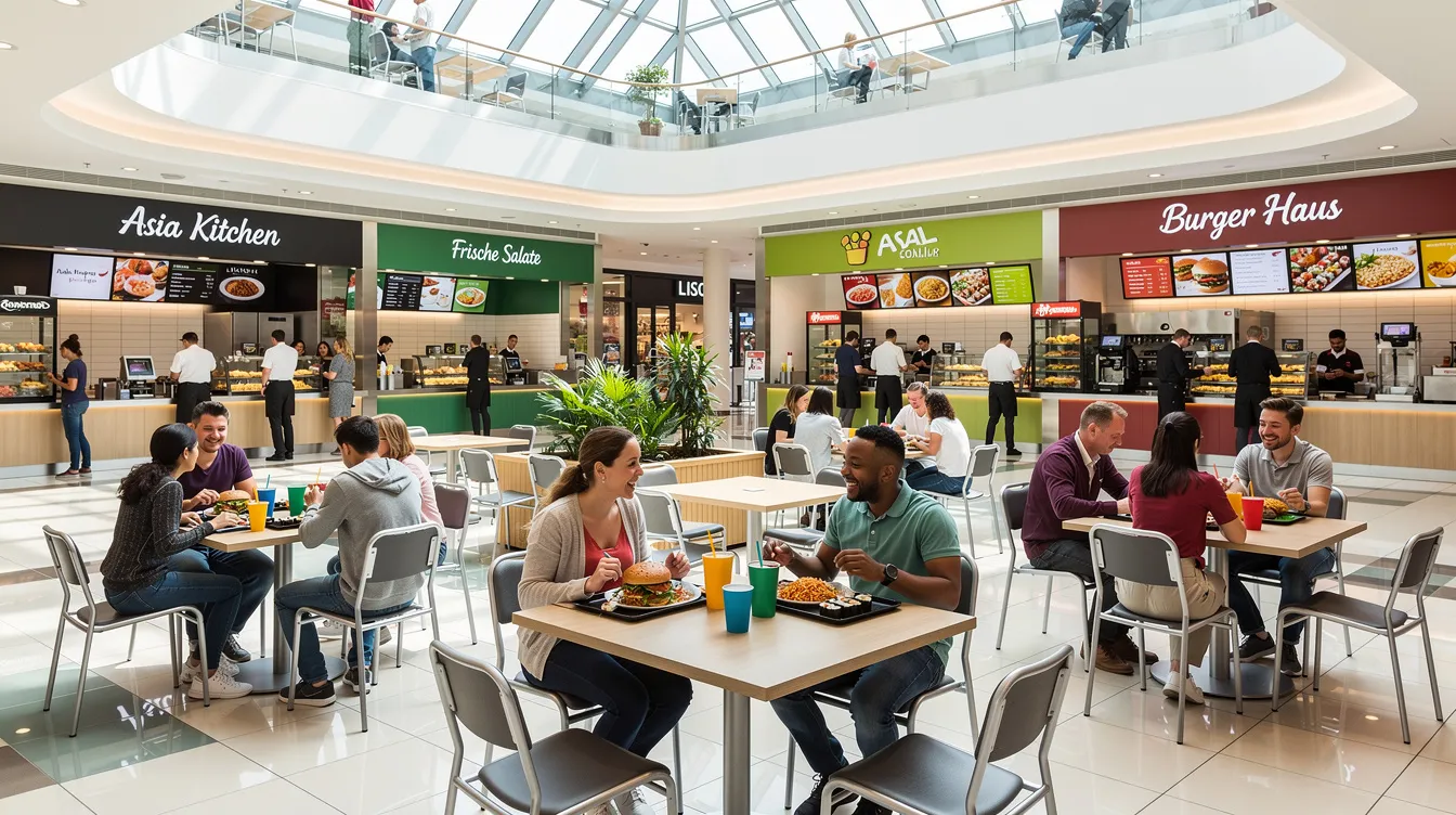Ein belebter Food Court im modernen Einkaufszentrum "Mall of Berlin" zeigt verschiedene Essensstände, an denen Menschen sitzen und ihre Mahlzeiten genießen. Die Atmosphäre ist lebhaft, mit Besuchern, die sich in der Nähe der Tische unterhalten und die Vielfalt der angebotenen Speisen erkunden.