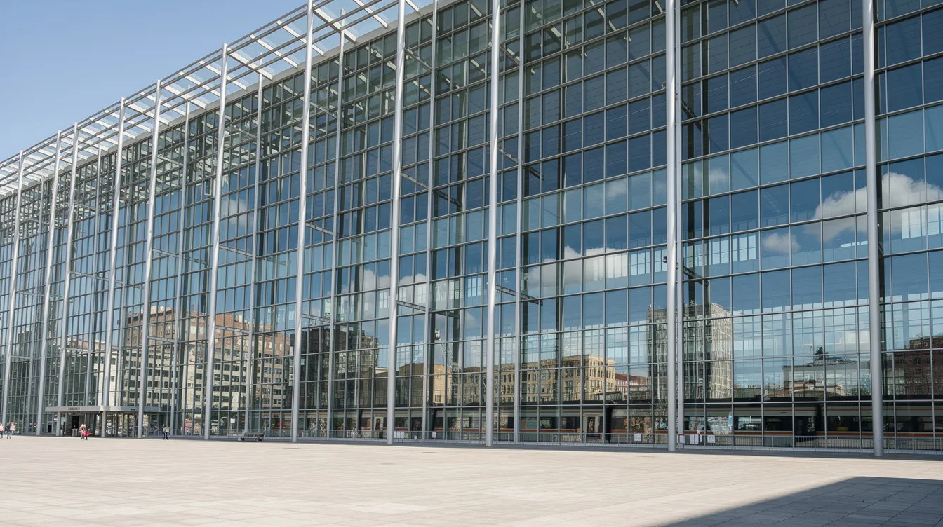 Die moderne Glasfassade des Berliner Hauptbahnhofs zeigt große Fensterflächen und Stahlträger, die das Licht tagsüber reflektieren. Dieser beeindruckende Verkehrsknotenpunkt ist ein wichtiger Teil der Stadt Berlin und bietet Reisenden zahlreiche Informationen und Dienstleistungen.