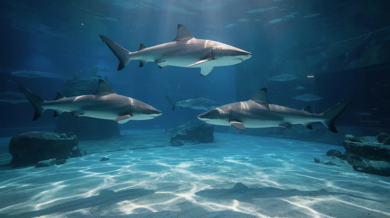 Ein großes Haibecken im Zoo Aquarium Berlin zeigt Schwarzspitzen-Riffhaie, die elegant durch das klare, blaue Wasser gleiten. Die Besucher können durch große Glasscheiben einen faszinierenden Blick auf diese Meeresbewohner werfen.