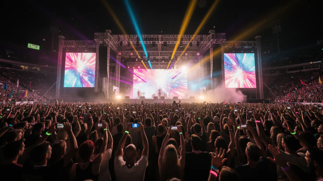 Eine große Menschenmenge versammelt sich bei einem Open-Air-Konzert im Berliner Olympiastadion, während bunte Lichteffekte die Bühne erhellen. Die Atmosphäre ist lebhaft und festlich, und die Zuschauer genießen die Musik unter dem nächtlichen Himmel.