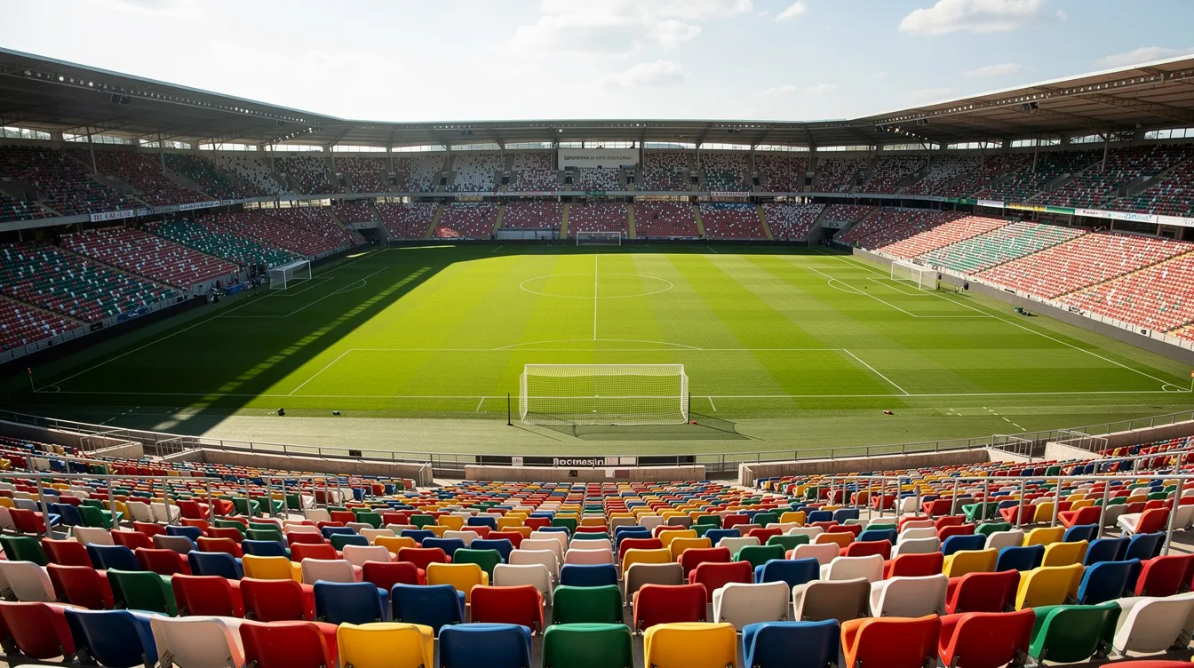 Der Blick von den oberen Rängen des Olympiastadions Berlin zeigt ein leeres, grünes Spielfeld bei Tageslicht, umgeben von unbesetzten Sitzreihen. Die Architektur des Stadions und die ruhige Atmosphäre vermitteln ein Gefühl von Geschichte und sportlicher Bedeutung.
