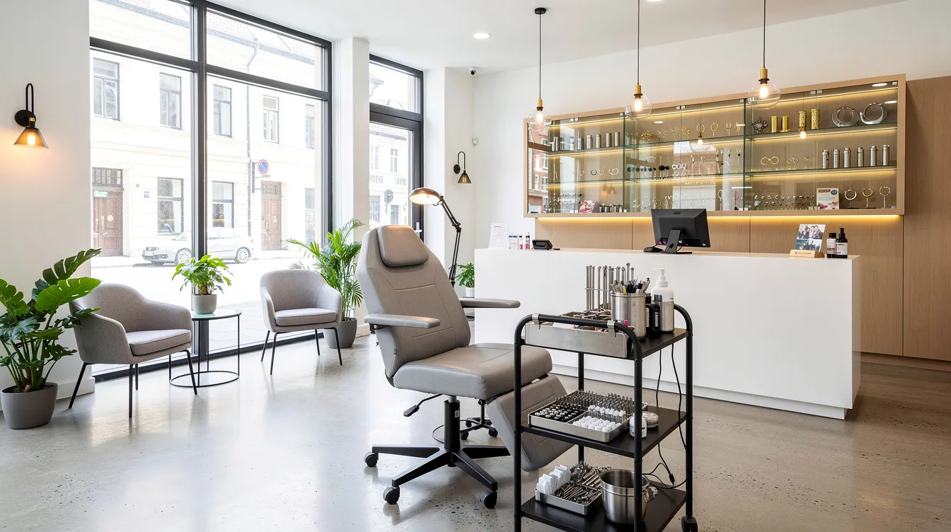 Das Bild zeigt ein modernes Piercing-Studio in Berlin mit einem hellen und einladenden Interieur. Die professionelle Ausstattung und das freundliche Personal schaffen eine angenehme Atmosphäre für Kunden, die sich für Körperkunst und Piercings interessieren.