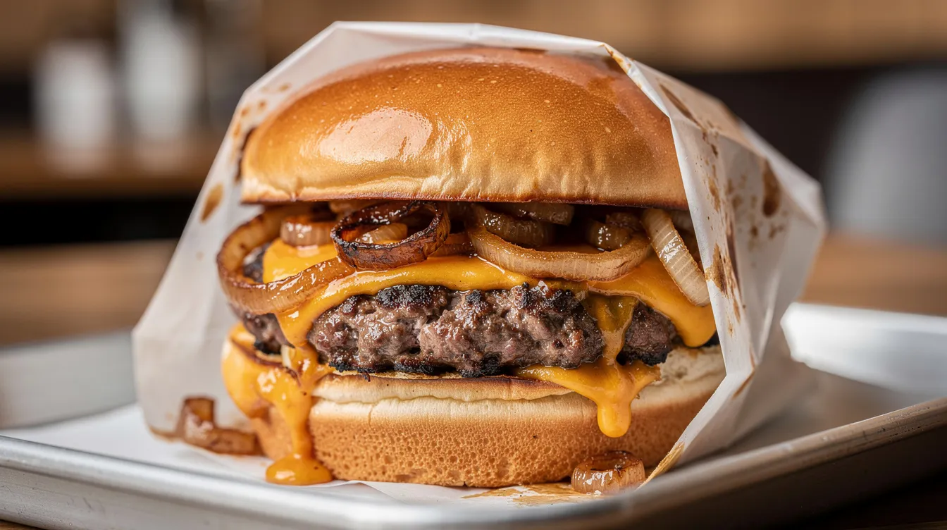 Ein saftiger Smashburger mit geschmolzenem Käse und karamellisierten Zwiebeln auf einem weichen Brioche-Brötchen, liebevoll in Papier eingewickelt, ideal für einen Genuss bei Munchies in Berlin. Die köstlichen Aromen und die perfekte Kombination aus Zwiebeln und Käse machen diesen Burger zu einer unwiderstehlichen Kreation.