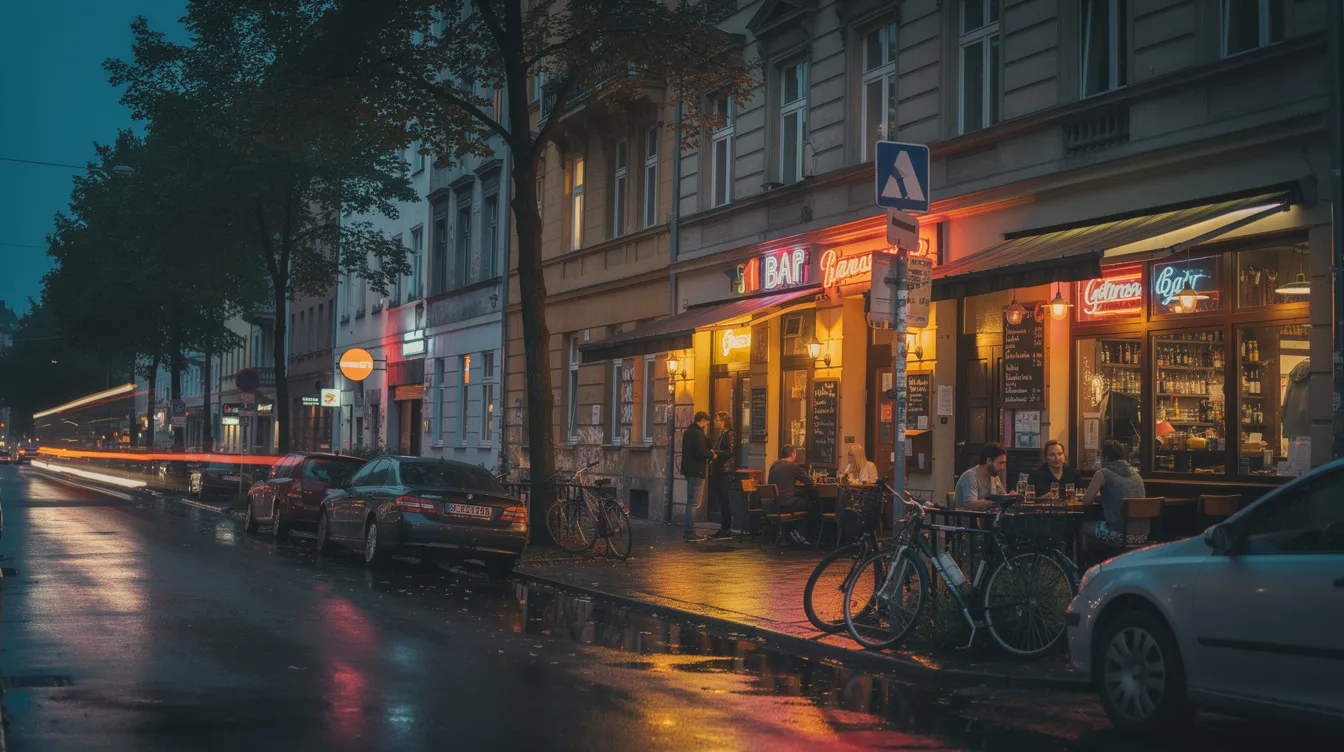Die abendliche Straßenszene in Berlin Kreuzberg zeigt beleuchtete Barfronten und historische Altbauten, die eine lebendige Atmosphäre des Nachtlebens vermitteln. Menschen sitzen an Tischen vor den Kneipen und genießen Drinks wie Cocktails und Craft Beer, während die Musik aus den Bars die Umgebung erfüllt.