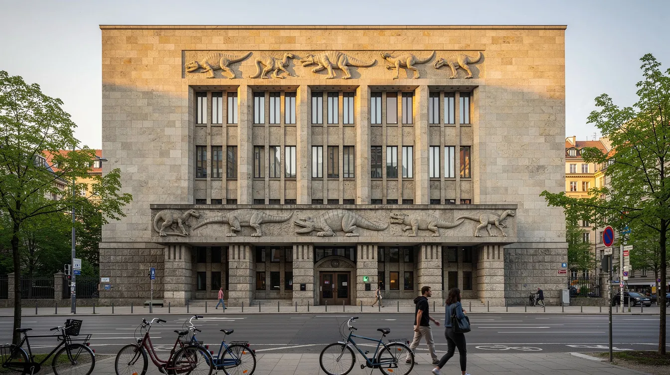 Das historische Gebäude des Aquarium Berlin an der Budapester Straße beeindruckt mit einer steinernen Fassade und kunstvollen Dinosaurier-Reliefs. Besucher können hier die Vielfalt der Meeresbewohner und anderen Tiere im zoologischen Garten entdecken.