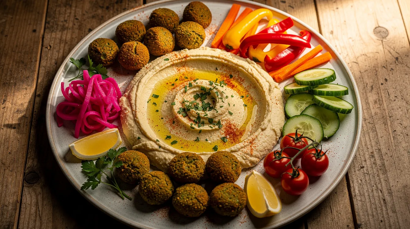 Eine bunt angerichtete Mezze-Platte mit Hummus, Falafel und eingelegtem Gemüse liegt auf einem Holztisch, perfekt für ein entspanntes Dinner oder Brunch in einem Restaurant in Kreuzberg. Die Vielfalt der Speisen lädt zum Genießen und Teilen ein, während das Ambiente des Ortes für eine angenehme Atmosphäre sorgt.