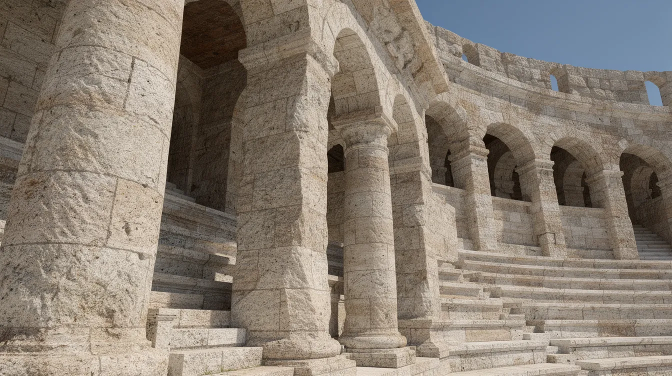 Die Nahaufnahme zeigt massive Natursteinsäulen und die eleganten Tribünenbögen des Olympiastadions Berlin, das bei Tageslicht eindrucksvoll in Szene gesetzt wird. Diese Architektur, die Teil der Geschichte der Olympischen Sommerspiele 1936 ist, vermittelt ein Gefühl von Größe und Tradition.