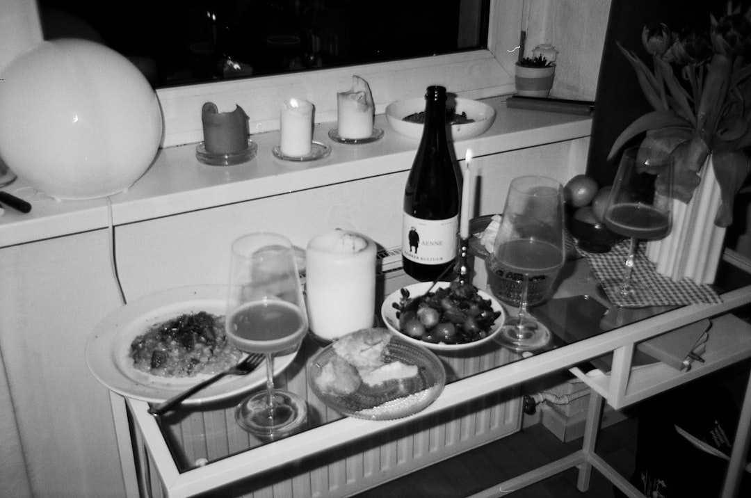 A table set for a meal with drinks and food