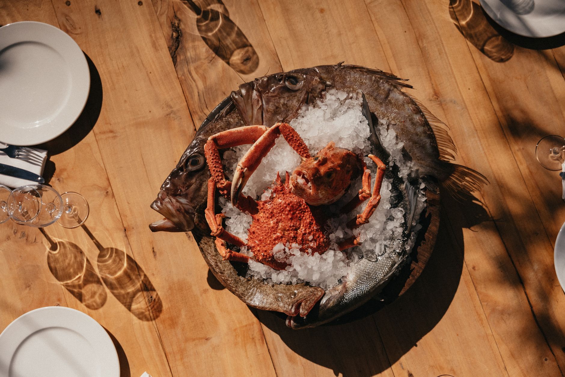 A gourmet seafood platter featuring crab and fish served on ice, perfect for fine dining.