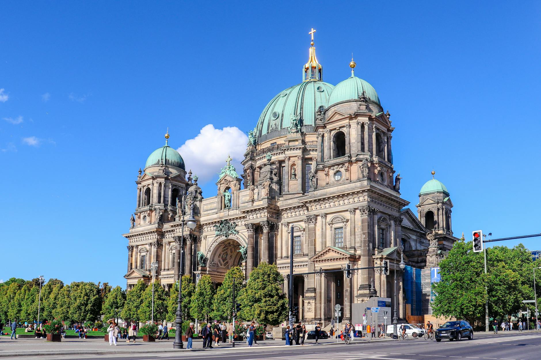 Beautiful shot of Berlin Cathedral highlighting its architectural grandeur under a clear blue sky.